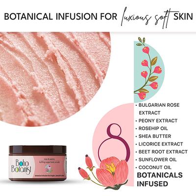 Boho Botanist Rose & Peony Sugar Body Scrub - Tan Removal Glowing Skin for Dull, Rough Skin 200 gm - Scrubs & Exfoliants