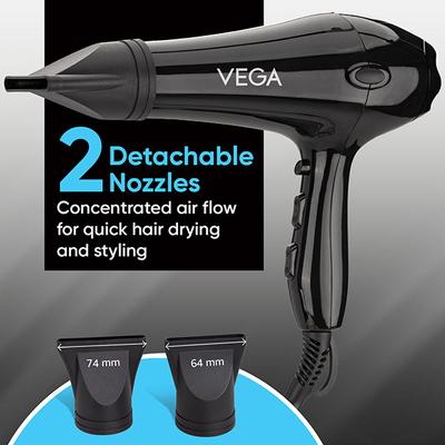Vega Professional Hair Dryer for Men and Women Pro Touch 1800-2000 Watts with 2 Detachable Nozzles, (VHDP-02) 894 gm - Hair Dryers