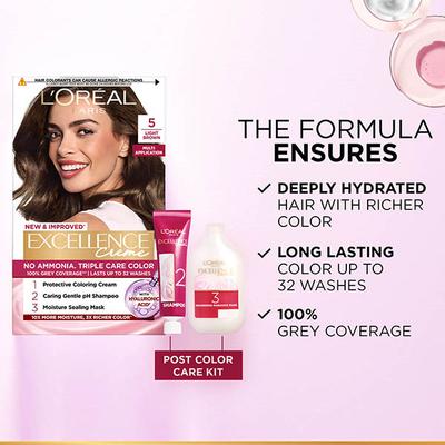 L'Oreal Paris Excellence Creme 5 Light Brown with French Rose Oil Triple Care Color 100gm+72 ml - Crème