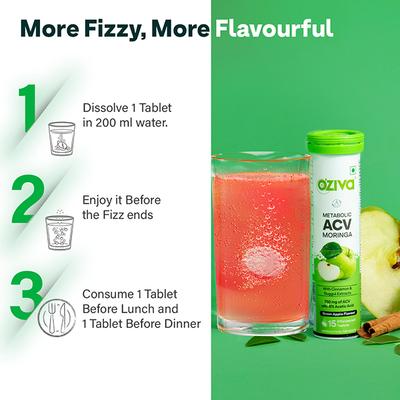 Oziva Apple Cider Vinegar Moringa Weight Loss, 3-In-1 Fat Oxidation Formula, No Sugar 15's - Apple Cider Vinegar - Acv