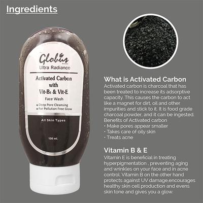 Globus Remedies Activated Carbon With Vitamin B3 & Vitamin E Face Wash 100 ml - Face Wash & Cleansers