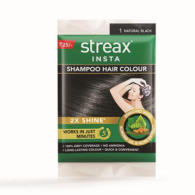 Streax Insta Shampoo Hair Colour Enriched With Almond Oil & Noni Extract - 1 Natural Black 18ml - Sachet/Shampoo