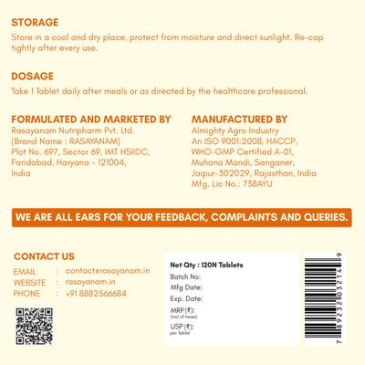 Rasayanam Vitamin D3 K2 (MK-7) Tablets 120's - Multi-Vitamins