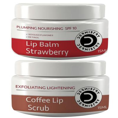 Dermistry Plumping Nourishing SPF 10 Lip Balm Strawberry 15 ml + Exfoliating Lightening Coffee Lip Scrub 15 ml - Lip Scrubs