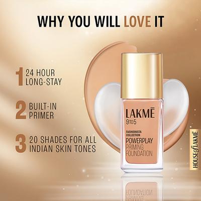 Lakme 9to5 Powerplay Priming Foundation, Built in Primer, SPF 20, Warm Beige, 25 ml - Foundation