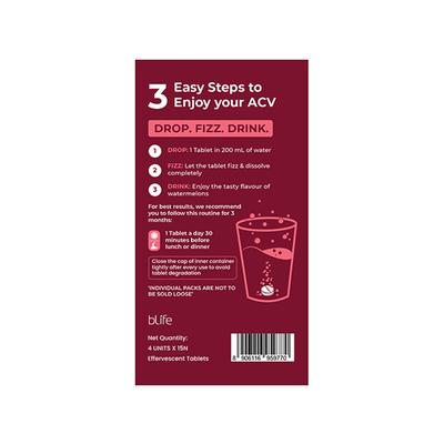 HK Vitals Apple Cider Vinegar 750mg, for Weight Management and Gut Health, Supports Digestion, No Added Sugar, Watermelon Flavour, 15 Effervescent Tablets 4's - Apple Cider Vinegar - Acv