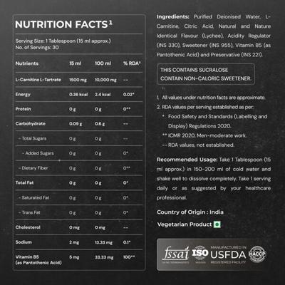 Nutrabay L Carnitine +Vitamin B5 Liquid - Lychee Crush 450 ml - Workout Essentials
