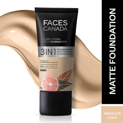 Faces Canada All Day Hydra Matte Foundation 3-In-1 Foundation + Moisturizer + SPF 30 24 Hr Aloe Hydration & Vitamin C 10Hr Long Wear Absolute Ivory 012 25ml - Foundation