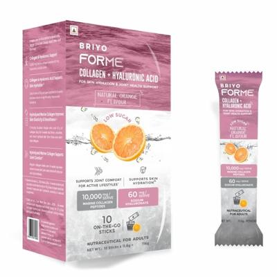 Briyo Forme Collagen + Hyaluronic Acid Structural Support Drink Mix Sugar Free Sachets - Orange Flavour (Pack of 10 x 11.6 g) - Nutritional Supplement