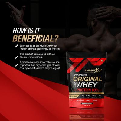 MuscleXP Raw Whey Protein Concentrate 80% Powder - Unflavored 1 kg - Whey Proteins