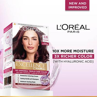 L'Oreal Paris Excellence Creme 3.16 Burgundy with French Rose Oil Triple Care Color (100 gm+72 ml) 1's - Crème