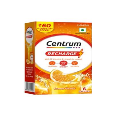 Centrum Recharge Powder - Orange Flavour No Added Sugar (Pack of 6 x 5 gm) - Energy Drinks
