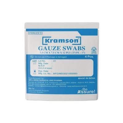 Wellness Kramson Gauze Swab (7.5 Cm x7.5 Cm x 12 Ply) 4's - Bandages & Dressings