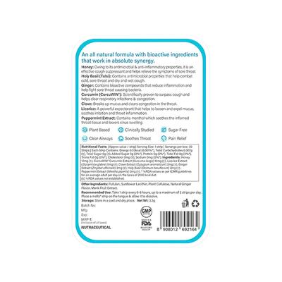 Wellbeing Nutrition Melts Instant Throat Relief with 100% Natural Tulsi Manuka Honey Clove Licorice Curcumin Ginger Mint (30 Strips) - Vital Health