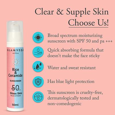 Glamveda Korean Glass Skin Rice & Ceramide Dewy Sunscreen SPF 50 PA+++ 50 ml - Body Sunscreen