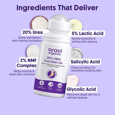 Aravi Organic AHA BHA Foot Roll-on 5% Lactic Acid 2% Glycolic Acid Urea Free for Cracked Heels 50 ml - Foot Care