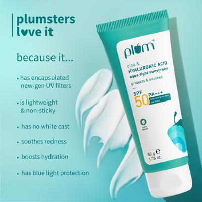 Plum Cica and Hyaluronic Acid Aqua-Light Sunscreen SPF 50 No White Cast, Non-Sticky all Skin Type 50 gm - Body Sunscreen
