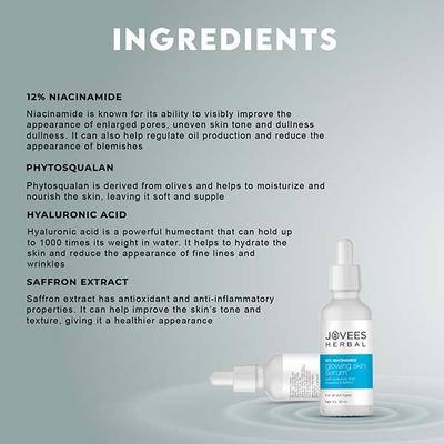 Jovees Herbal 12% Niacinamide Glowing Skin Serum with Hyaluronic Acid, Squalane and Saffron 30 ml - Face Gels