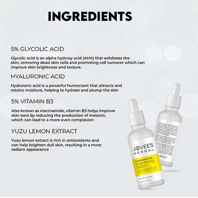 Jovees Herbal 5% Glycolic Acid Brightening Skin Serum with 5% Niacinamide Yuzu Lemon and Hyaluronic Acid 30 ml - Face Gels