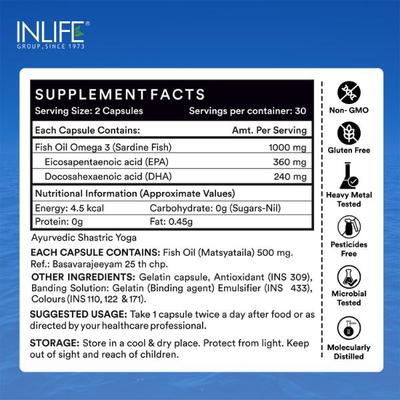 INLIFE Omega 3 Double Strength Fish Oil 1000 mg Capsules 60's - Omega Fish Oil Fatty Acids