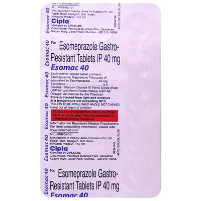 Esomac 40mg Tablet 15'S - Ulcer/Reflux/Flatulence-Aaa