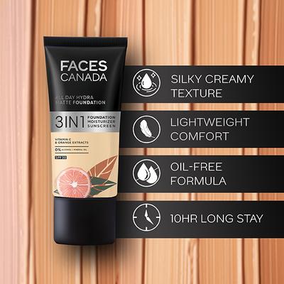 Faces Canada All Day Hydra Matte Foundation 3-In-1 Foundation + Moisturizer + SPF 30 24 Hr Aloe Hydration & Vitamin C 10Hr Long Wear Rose Ivory 011 25ml - Foundation