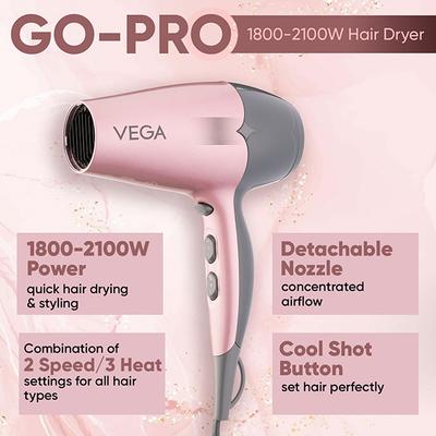 VEGA Go-Pro 2100 Hair Dryer With Cool Shot Button & 3 Heat Settings (Ananya Panday Signature Collection) VHDH-25 Rose Gold & Grey 1 gm - Hair Dryers