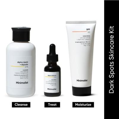 Minimalist Anti Pigmentation Kit with Alpha Lipoic + Glycolic 07% Cleanser, Alpha Arbutin 02% Serum and sunscreen SPF 50 180 gm - Body Sunscreen