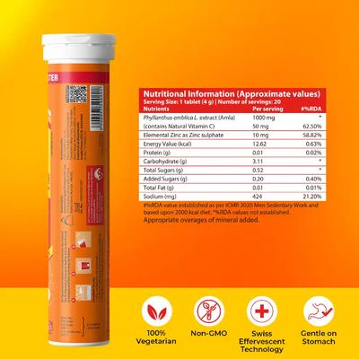 Fast&Up Charge Natural Vitamin C From Amla Extract & Zinc Effervesent Tablet - Fizzy Blast Orange Flavour (Pack of 3 x 20's) - Vitamin C