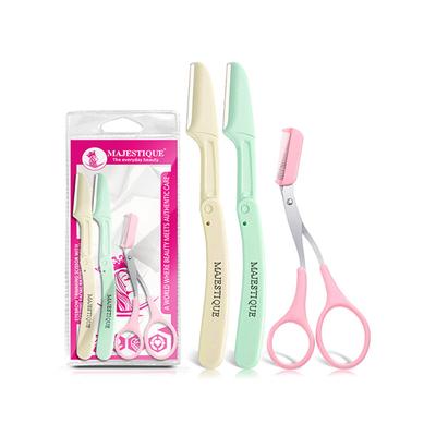 Majestique Eyebrow Trimmer Scissors with Folding Facial Razors - Multicolor 3's - Face & Eyebrow Razors