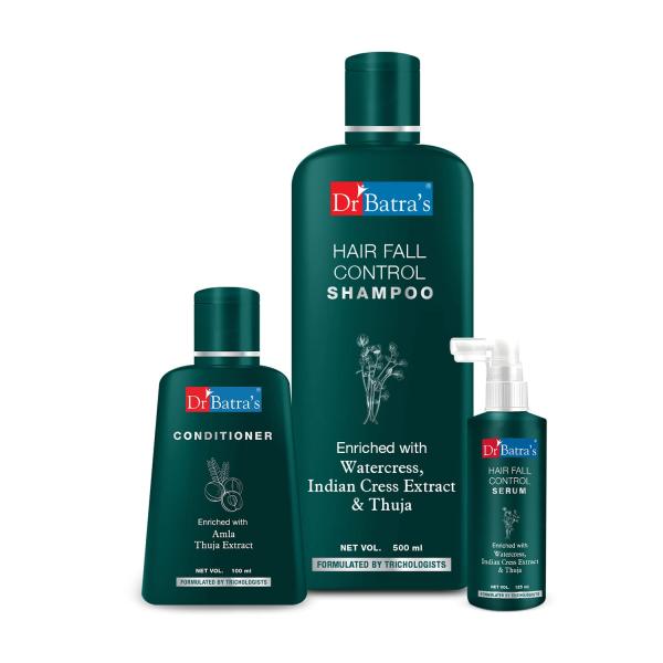 Netmeds | Dr Batra's Hair Fall Control Shampoo 500 ml + Hair Fall Control Serum 125 ml + Conditioner 100 ml