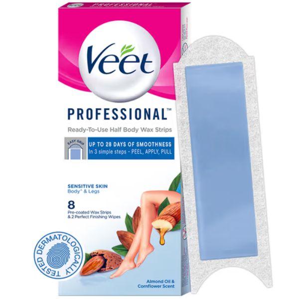 Netmeds | Veet Professional Half Body Wax Strips (Sensitive Skin) 8's with Perfect Finishing Wipes 2's