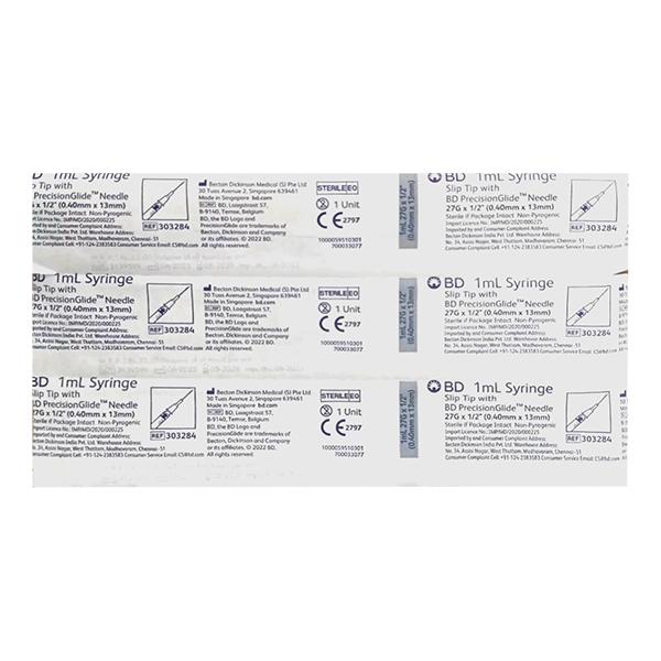 Netmeds | BD PrecisionGlide Syringe (27G X 1/2) (0.40 mm x 13 mm) (REF 303284) 1 ml