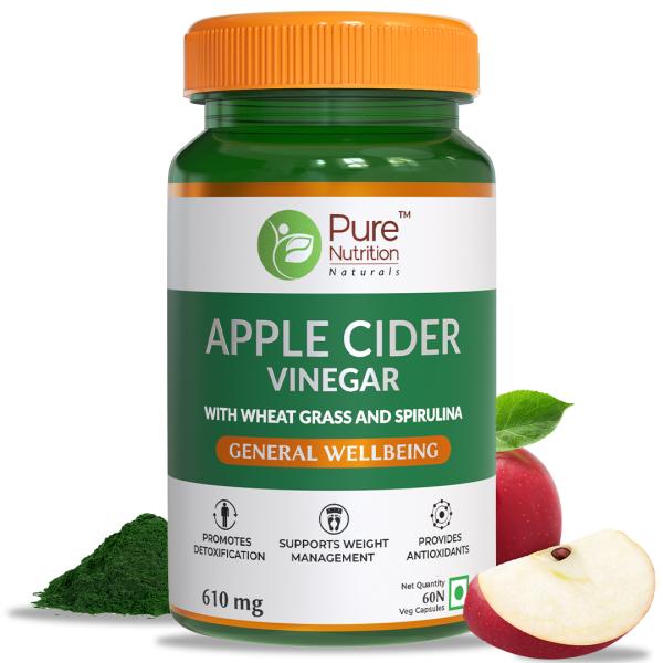 Netmeds | Pure Nutrition Apple Cider Vinegar with Wheat Grass & Spirulina 610 mg Veg Capsule 60's