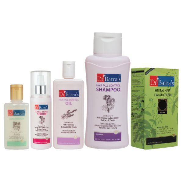 Netmeds | Dr Batra's Hair Fall Control Shampoo 500 ml + Hair Fall Control Oil 200 ml + Hair Fall Control Serum 125 ml + Conditioner 100 ml + Herbal Hair Color Cream - Brown