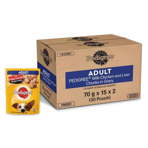 Netmeds | Pedigree Adult Chicken & Liver Chunks in Gravy (Pack of 70gm x 30) 2100 gm