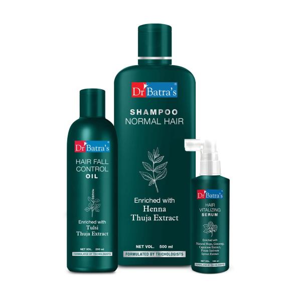 Netmeds | Dr Batra's Shampoo 500 ml + Hair Fall Control Oil 200 ml + Hair Vitalizing Serum 125 ml
