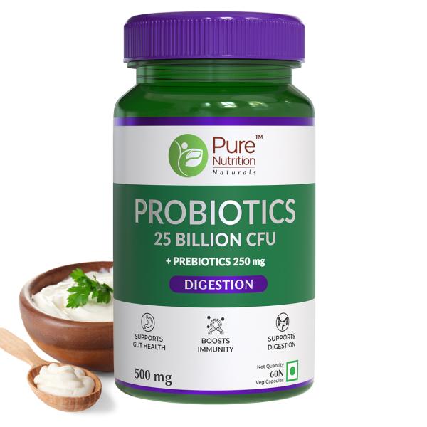 Netmeds | Pure Nutrition Probiotics 25 Billion CFU + Prebiotics 500 mg Veg Capsule 60's