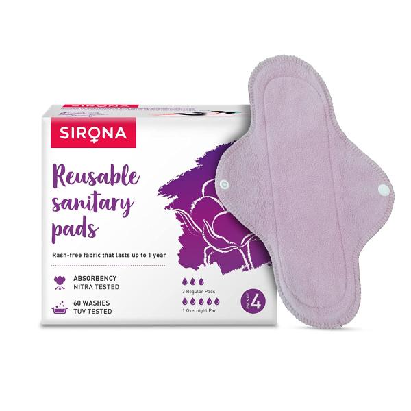 Netmeds | Sirona Reusable Sanitary Pads for Women (Pack of 4) (3 Regular Pads + 1 Overnight Pad)