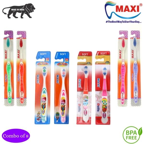 Netmeds | MAXI Oral Care Hygiene Family Combo Pack - Soft (Tiger 4's + Dolls Junior 2's + Bunty Bubli Junior 2's)