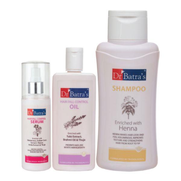 Netmeds | Dr Batra's Shampoo 500 ml + Hair Fall Control Oil 200 ml + Hair Fall Control Serum 125 ml