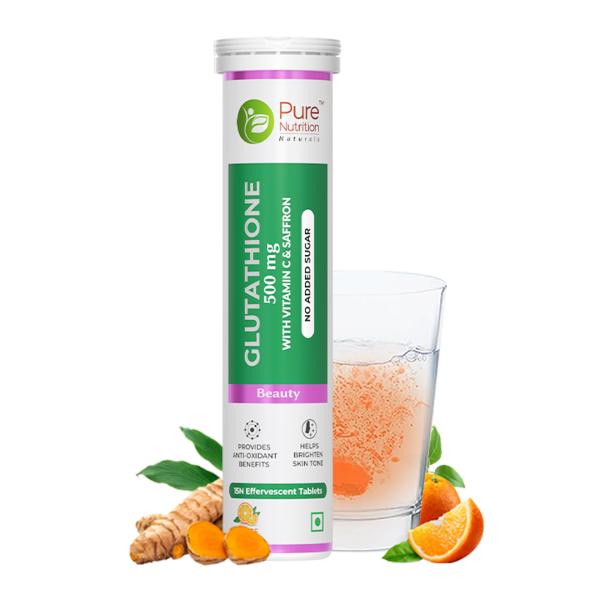Netmeds | Pure Nutrition Glutathione 500 mg with Vitamin C & Saffron Effervescent Tablet - Orange 15's