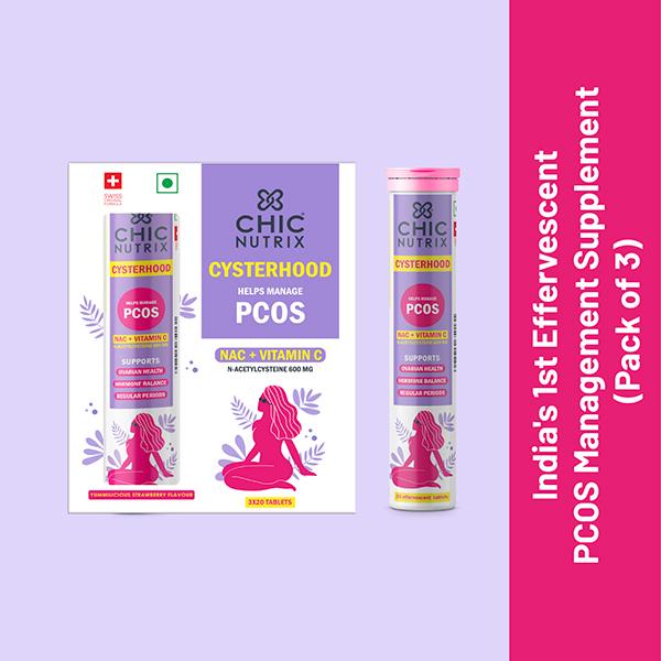 Netmeds | Chicnutrix Cysterhood - Helps Manage PCOS Effervescent Tablet - Strawberry Flavour (Pack of 3 x 20's)
