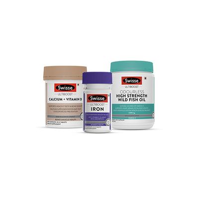 Swisse Health Essential (Calcium+ Vitamin D Tablet 90's, Iron Tablet 30's, Wild Fish Oil Capsule 200's) Combo Pack - Multi-Vitamins