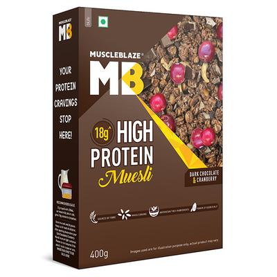 MuscleBlaze High Protein Muesli Mix - Dark Chocolate & Cranberry 400 gm - Nutritional Bars