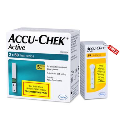 Accu-Chek Active Test Strip 100's + Free Accu-Chek Softclix Lancets 25's - Blood Glucose Monitors/Test Strips