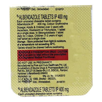 ALBENDAZOLE (CADILA) 400mg Tablet 1's - Parasitic Worms-Ant