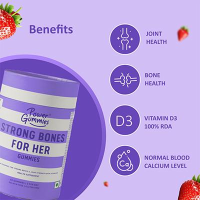 Power Gummies Strong Bones for Her-Vitamin D3 & Calcium with Strawberry Flavour-60 Gummies 1's - Nutrition Supplements