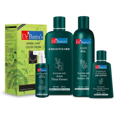 Dr Batra's Dandruff Cleansing Shampoo 100 ml + Anti-Dandruff Hair Serum 125 ml + Conditioner 200 ml + Hair Oil 200 ml + Herbal Hair Color Cream - Black - Hair Treatment