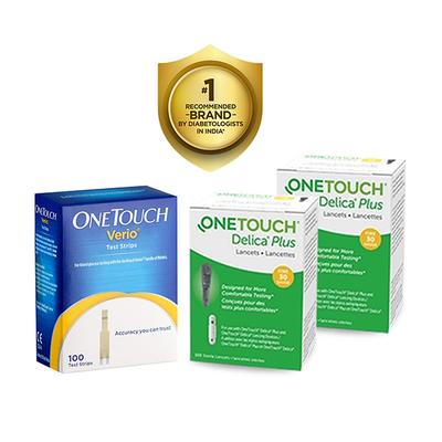 OneTouch Verio Test Strip 100's + OneTouch Delica Plus Lancet (Pack of 2 x 25's) - Blood Glucose Monitors/Test Strips